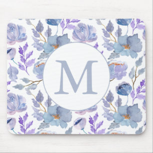 Alfombrilla De Ratón Bonito Azul turbio Lilac acuarela Floral Monograma