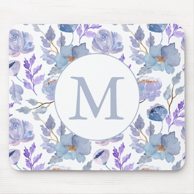 Alfombrilla De Ratón Bonito Azul turbio Lilac acuarela Floral Monograma (Frente)