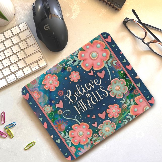 Alfombrilla De Ratón Bonito Floral Hearts Miracles Azul rosado (Believe in Miracles, Inspirivity, and Floral Mousepad)