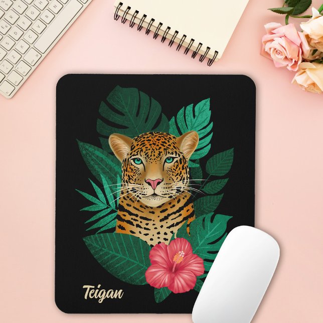 Alfombrilla De Ratón Bonito Jungle Leopard Floral Art | Negro | Nombre (Subido por el creador)