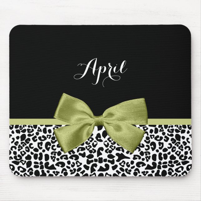Alfombrilla De Ratón Bonito Leopard Print Spring Green Bow con nombre (Frente)