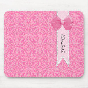 Alfombrilla De Ratón Bonito Medallero Rosa Damask Cute Bow Con Nombre