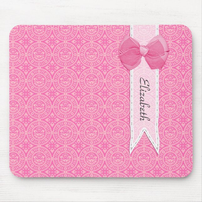 Alfombrilla De Ratón Bonito Medallero Rosa Damask Cute Bow Con Nombre (Frente)