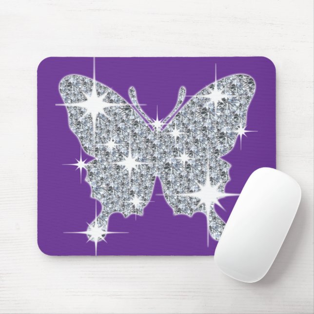 Alfombrilla De Ratón Bonito Violeta Purple Faux Diamond Bling Butterfly (Con ratón)