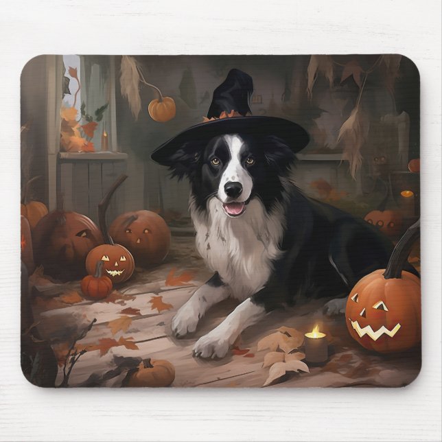 Alfombrilla De Ratón Borde de Collie Pumpkins Halloween Scary (Frente)