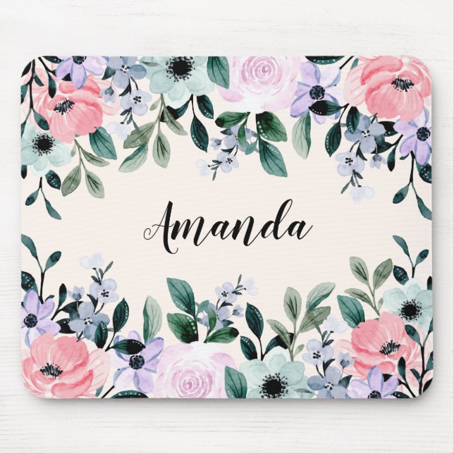 Alfombrilla De Ratón Borde floral rosa morado y verde acuarela (Frente)