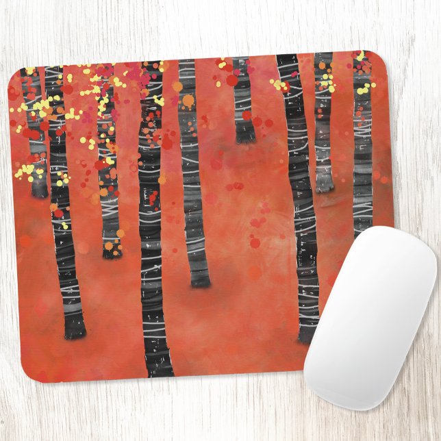 Alfombrilla De Ratón Bosque de árbol de aves (Birch Aspen tree forest abstract red art mousemat)