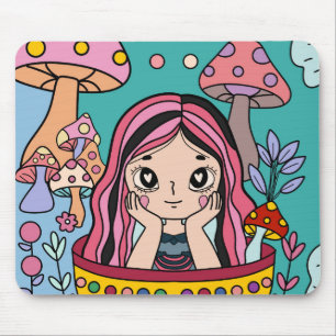 Alfombrilla De Ratón Bosque de Hongos Vibrantes y Ilustración de Niña A