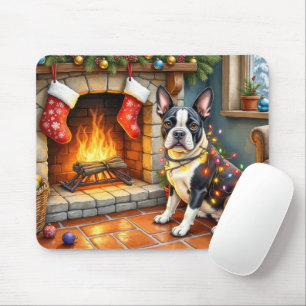 Alfombrilla De Ratón Boston Terrier Chimenea con Luces de Navidad