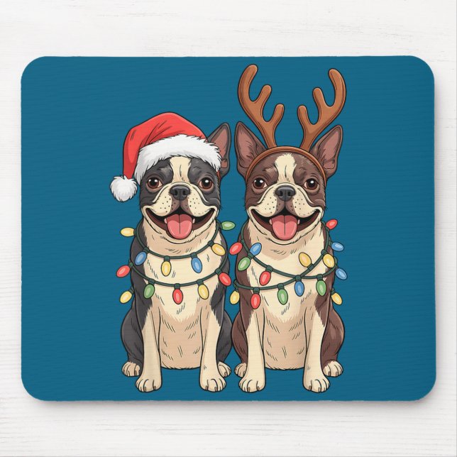 Alfombrilla De Ratón Boston Terrier Christmas Santa Hat Reindeer Lights (Frente)