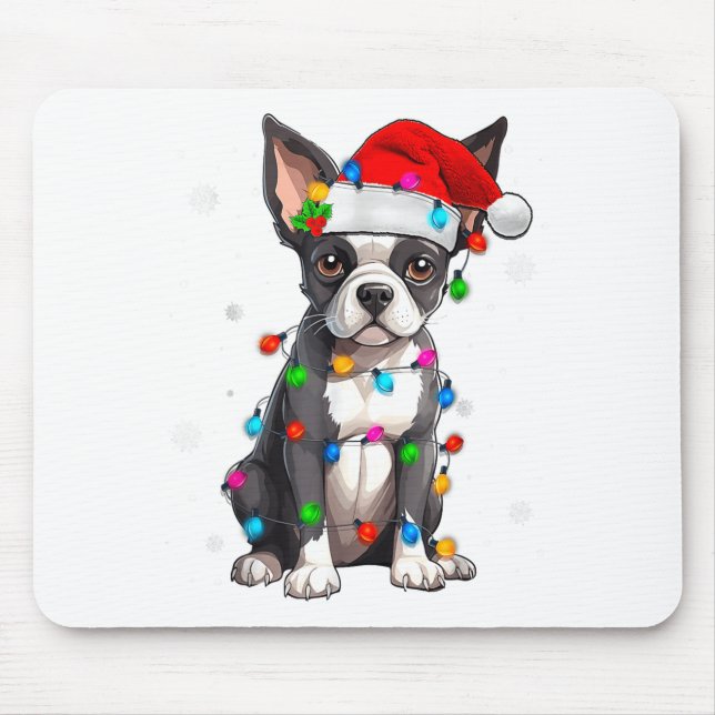 Alfombrilla De Ratón Boston Terrier Christmas Santa Hat Tree Lights Paj (Frente)