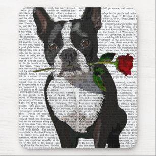 Alfombrilla De Ratón Boston Terrier con Rosa en boca