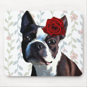 Alfombrilla De Ratón Boston Terrier con Rosa en la cabeza 2