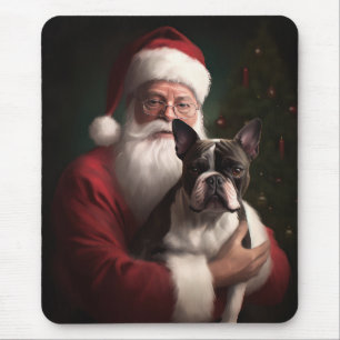 Alfombrilla De Ratón Boston Terrier Con Santa Claus Festivo Navidad