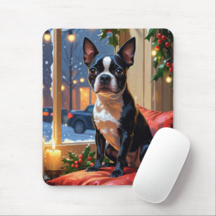 Alfombrilla De Ratón Boston Terrier con vacaciones de Navidades ilumina