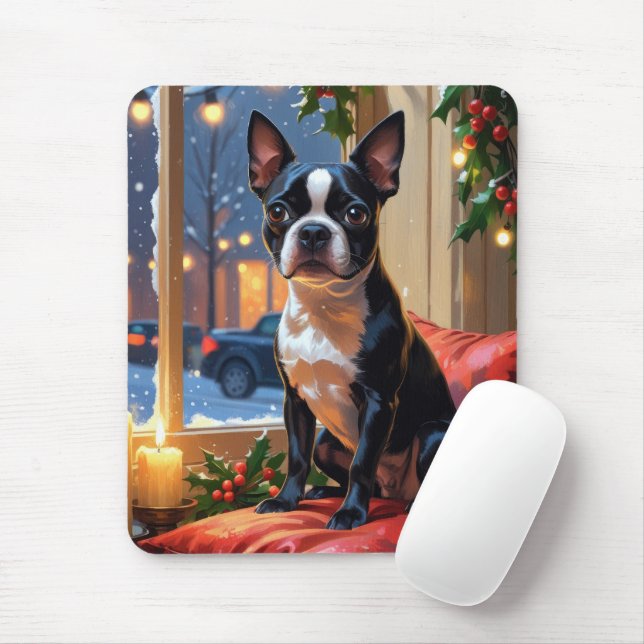 Alfombrilla De Ratón Boston Terrier con vacaciones de Navidades ilumina (Con ratón)