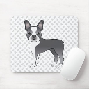 Alfombrilla De Ratón Boston Terrier de dibujos animados azul y blanco &