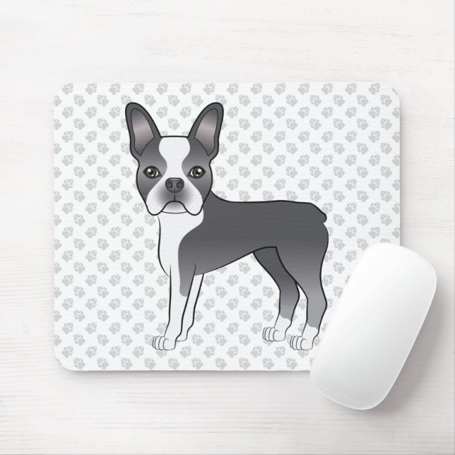 Alfombrilla De Ratón Boston Terrier de dibujos animados azul y blanco & (Con ratón)