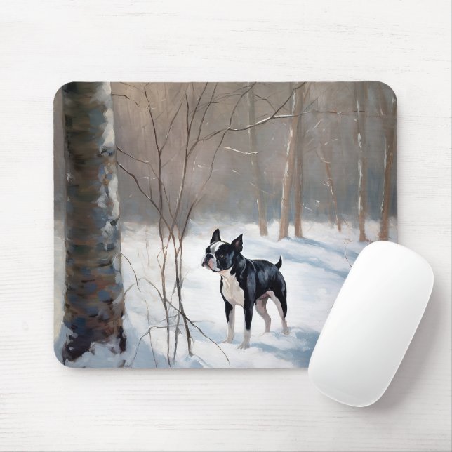 Alfombrilla De Ratón Boston Terrier Deja que nieve Navidad (Con ratón)