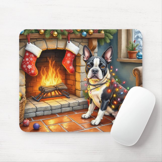 Alfombrilla De Ratón Boston Terrier Fireplace with Christmas Lights (Con ratón)