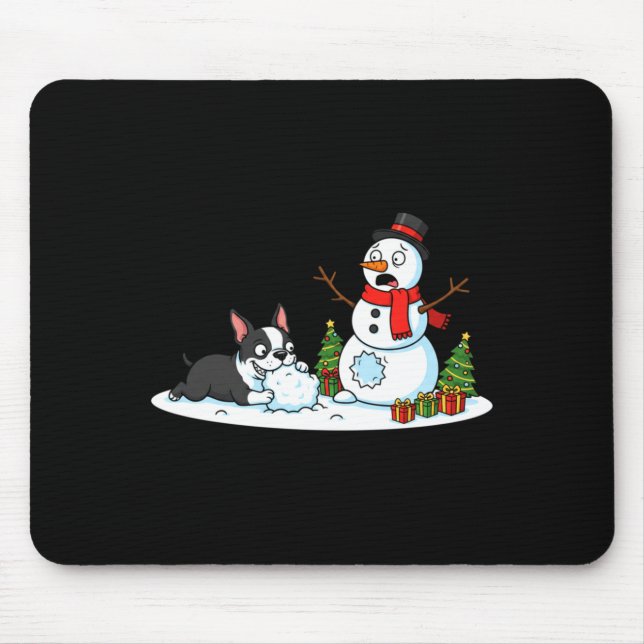 Alfombrilla De Ratón Boston Terrier Snowman Christmas Tree Xmas Womens  (Frente)