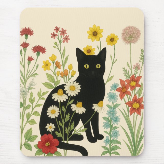 Alfombrilla De Ratón Botanical Nature – Black Cat in Wildflower Garden (Frente)