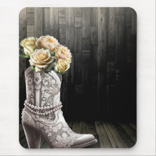 Alfombrilla De Ratón Botas de vaquera con encaje y perlas Flores blanca