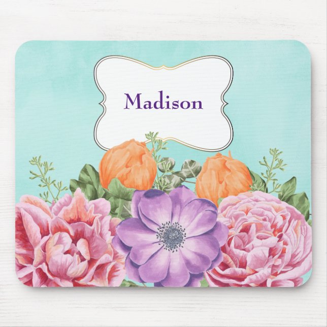 Alfombrilla De Ratón Bouquet de acuarela Flores Pink Purple Naranja (Frente)