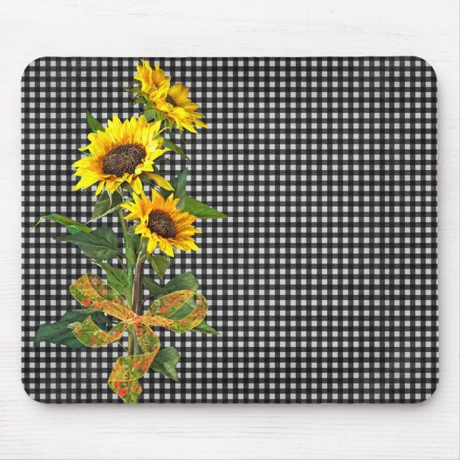 Alfombrilla De Ratón Bouquet girasol en Black Gingham (Frente)
