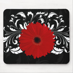 Alfombrilla De Ratón Brillante Red Gerbera Daisy sobre negro
