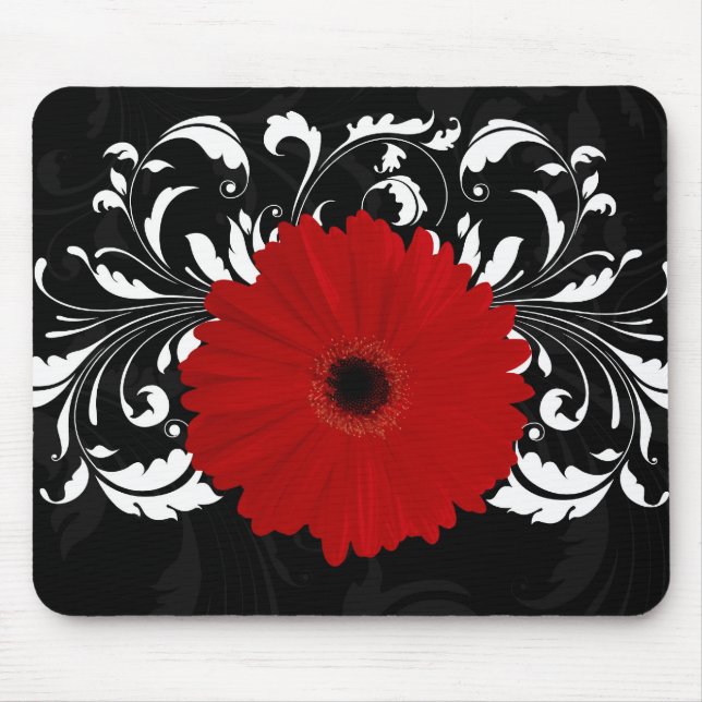 Alfombrilla De Ratón Brillante Red Gerbera Daisy sobre negro (Frente)