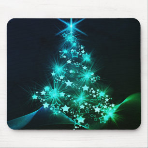 Alfombrilla De Ratón Brillo verde de estrellas en el árbol de Navidad o