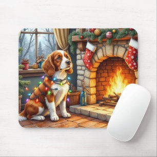 Alfombrilla De Ratón Brittany Spaniel Chimenea con Luces de Navidad
