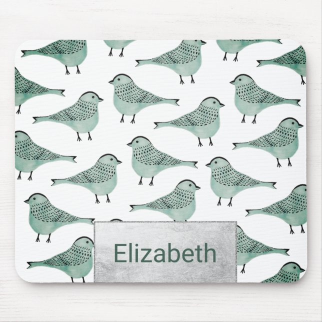Alfombrilla De Ratón Brochas negras de aves acuarelas verdes del bosque (Frente)