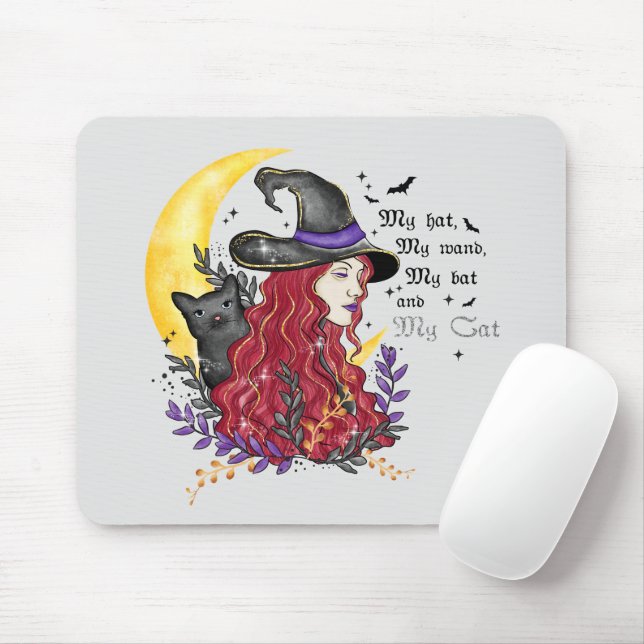 Alfombrilla De Ratón Bruja con gato negro y luna creciente (Con ratón)