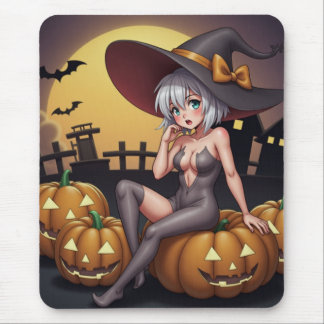 Alfombrilla De Ratón Bruja de Halloween con ojos verdes sobre Jack-O-La