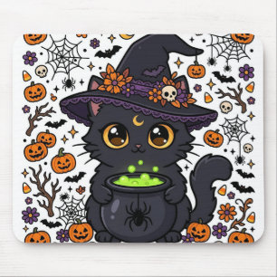 Alfombrilla De Ratón Bruja Gato Calabaza Flor de Halloween Escritorio E