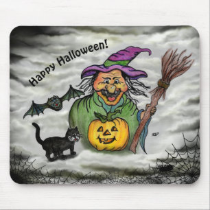 Alfombrilla De Ratón Bruja, gato, murciélago y calabaza, ¡Feliz Hallowe