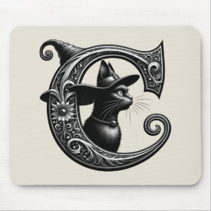 Alfombrilla De Ratón Bruja Gato Negro Letra C Inicial Personalizada 