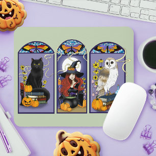 Alfombrilla De Ratón Bruja gótica gato negro búho Halloween Art Nouveau