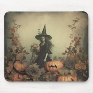 Alfombrilla De Ratón Bruja gótica sepia con calabazas y rosas de otoño