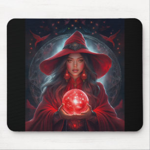 Alfombrilla De Ratón Bruja Roja Con Bola De Cristal Y Fondo Increíble
