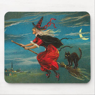 Alfombrilla De Ratón Bruja Volando Gato Negro Luna Creciente