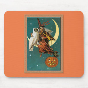 Alfombrilla De Ratón Bruja y búho nostálgico feliz Halloween