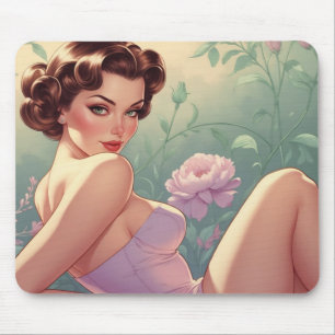 Alfombrilla De Ratón Brunette Pin Up Pastel Flowers