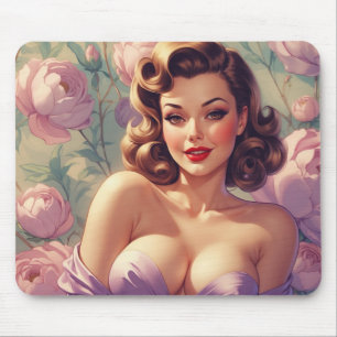Alfombrilla De Ratón Brunette Pin Up Pastel Flowers