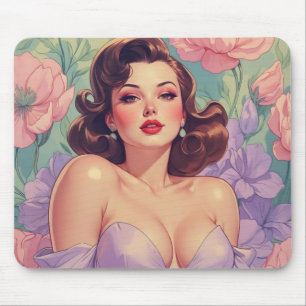 Alfombrilla De Ratón Brunette Pin Up Pastel Flowers