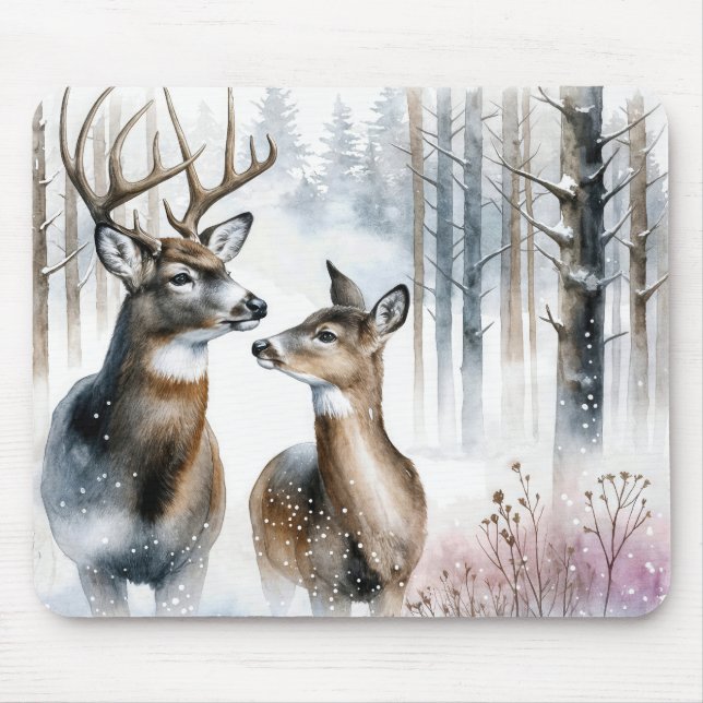 Alfombrilla De Ratón Buck and Doe en Winter Woods (Frente)