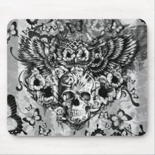 Alfombrilla De Ratón Búho perdido y encontrado, floral con el cráneo