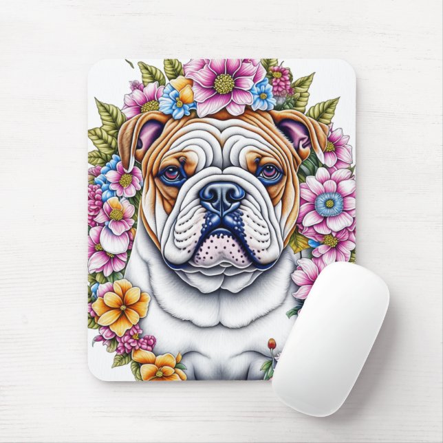 Alfombrilla De Ratón Bulldog de arte Ai rodeado de flores musicales (Con ratón)